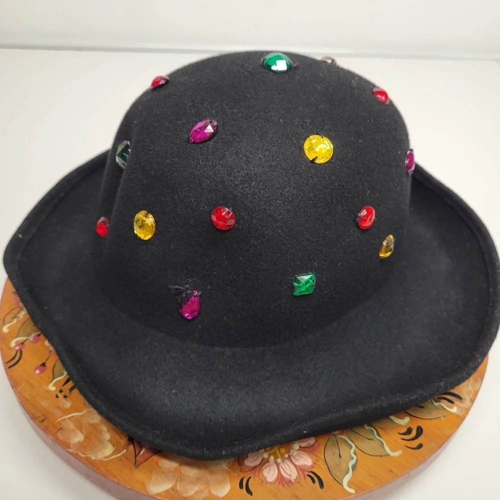 Vintage Wool Bejewled Made in Italy Black Hat Silver‎ Studs Felt 60s Retro - Picture 4 of 17
